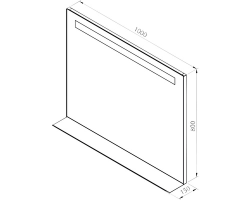 Technische Zeichnung eines Spiegels mit den Maßen 1000 x 800 x 150 Millimeter