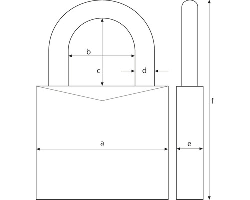 Abbildung eines Vorhängeschlosses mit Maßangaben a, b, c, d, e und f.