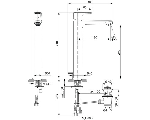 Technische Zeichnung einer Waschtischarmatur mit Maßen