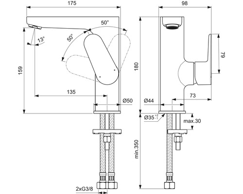 Technische Zeichnung einer Armatur mit Maßangaben.