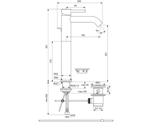 Technische Zeichnung einer Waschtischarmatur mit Maßen