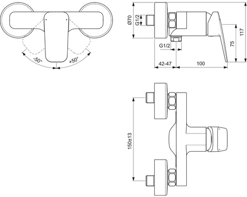 Technische Zeichnung einer Armatur mit Maßangaben
