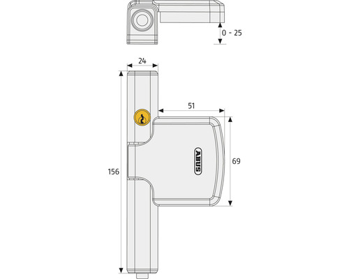 Abbildung des ABUS Fenstergriff FG300 mit Maßangaben.