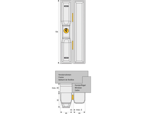 Technische Zeichnung eines ABUS Fensterzusatzschlosses mit Maßangaben