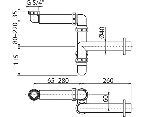 Technische Zeichnung eines Siphons mit Maßangaben