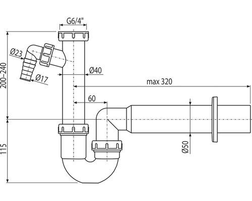Technische Zeichnung eines Siphons mit Maßangaben