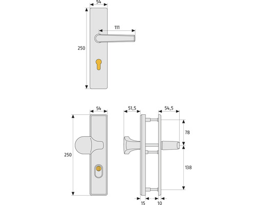 Technische Zeichnung eines Türbeschlags mit Griff und Knauf inklusive Maßangaben