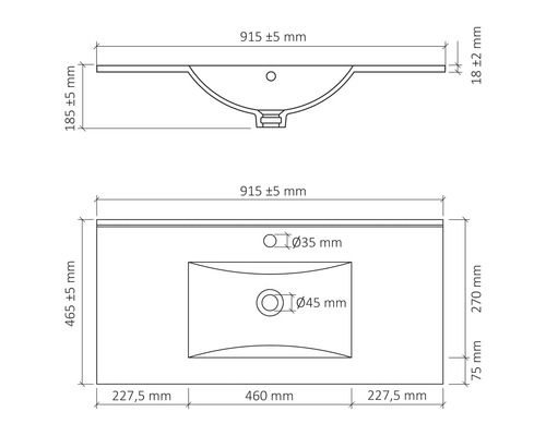 Zeichnung eines Waschtisches mit Maßangaben.