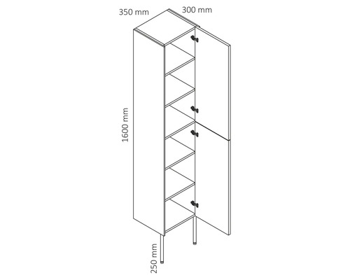 Skizze eines Hochschranks mit Einlegeböden und zwei geöffneten Türen, Maße 1600 x 350 x 300 mm