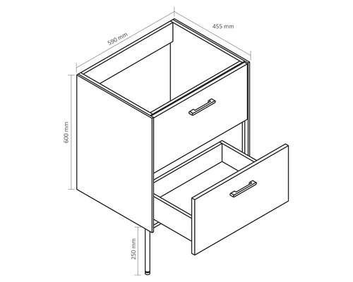 Zeichnung eines Waschtischunterschranks mit Schubladen und Maßangaben
