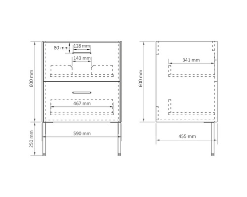 Technische Zeichnung eines Waschtischunterschranks mit Maßangaben.