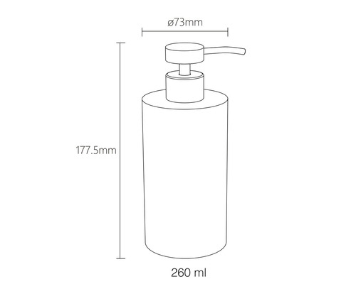 Technische Zeichnung eines Seifenspenders mit den Maßen 177,5 mm Höhe, 73 mm Durchmesser und 260 ml Fassungsvermögen.