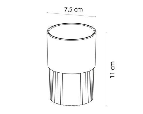 Technische Zeichnung eines zylinderförmigen Bechers mit den Maßen 11 cm Höhe und 7,5 cm Durchmesser