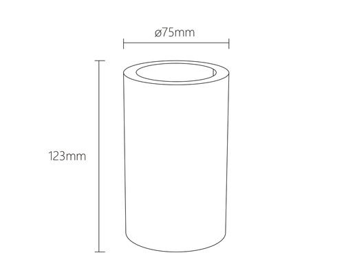 Technische Zeichnung einer zylindrischen Leuchte mit den Maßen 75 mm Durchmesser und 123 mm Höhe.