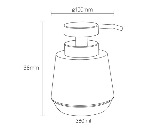 Skizze eines Seifenspenders mit den Maßen 138 mm Höhe, 100 mm Durchmesser und 380 ml Fassungsvermögen