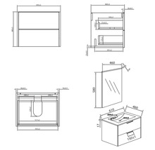 Technische Zeichnung eines Badezimmer-Waschtischsets mit Spiegel und Unterschrank mit Schubladen