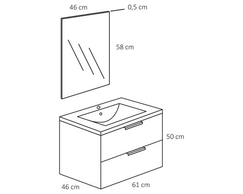 Zeichnung eines Waschtischunterschranks mit Waschbecken und Spiegel mit Maßangaben
