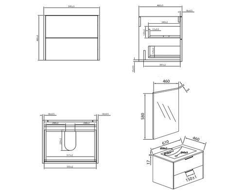 Technische Zeichnung eines Waschtischunterschranks mit Waschbecken und Spiegel