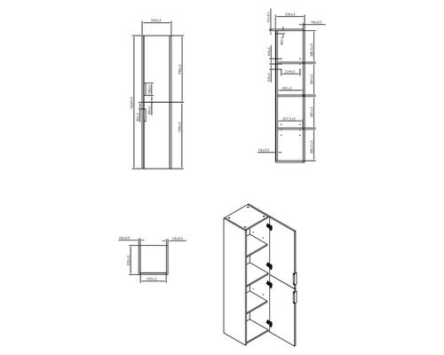 Technische Zeichnung eines Badezimmerschranks mit Abmessungen
