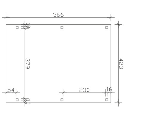 Technische Zeichnung mit Maßangaben für rechteckige Platte: 566 mm breit, 423 mm hoch, Bohrungen mit Abständen.