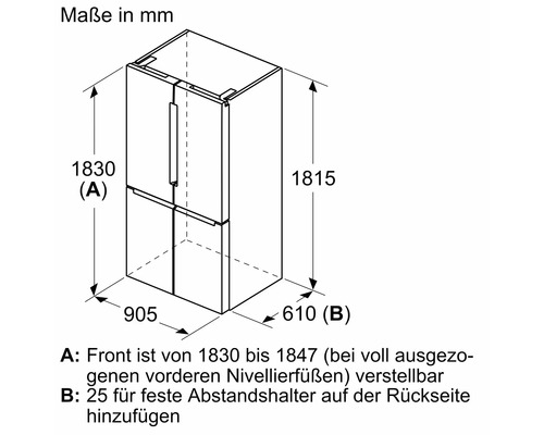 Maßzeichnung eines Kühlschranks mit den Maßen in Millimetern.