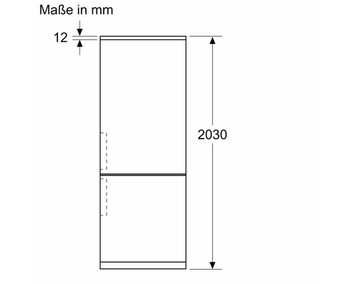 Technische Zeichnung eines Kühlschranks mit den Maßen 2030 mm Höhe und 12 mm Tiefe