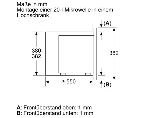 Skizze einer 20 Liter Mikrowelle für den Einbau in einen Hochschrank mit Maßangaben in Millimeter