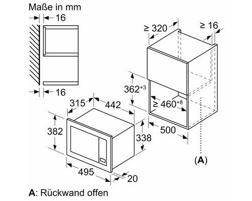 Maße des Einbaugeräts in Millimeter