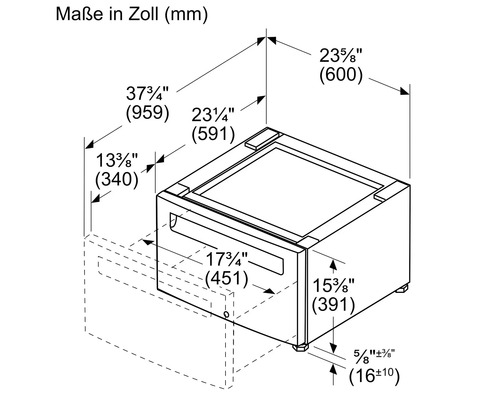 Maßzeichnung eines Gerätes mit Maßangaben in Zoll und Millimeter