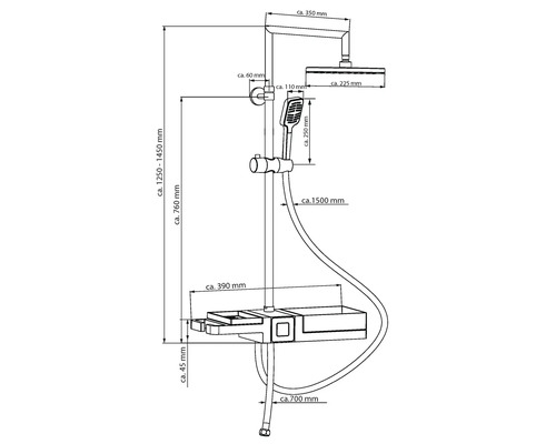 Technische Zeichnung einer Duschgarnitur mit Maßangaben