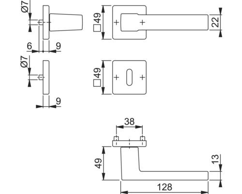 Technische Zeichnung eines Türdrückers mit Maßangaben.