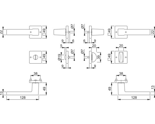 Technische Zeichnung eines Türdrückers mit Maßen