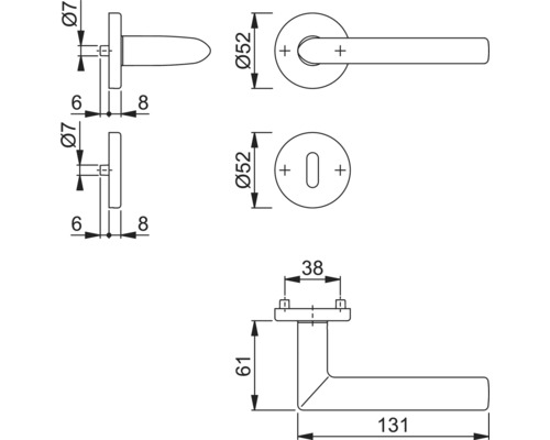 Technische Zeichnung eines Türdrückers mit Maßangaben