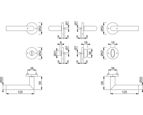 Technische Zeichnung eines Türdrückers mit Maßangaben