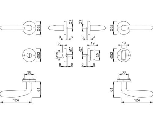 Technische Zeichnung eines Türdrückers mit Maßangaben