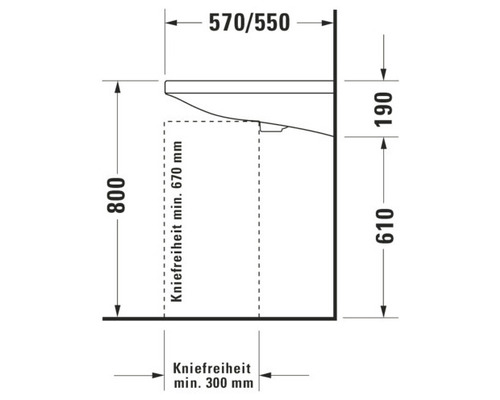 Technische Zeichnung eines Waschtischs mit Maßangaben