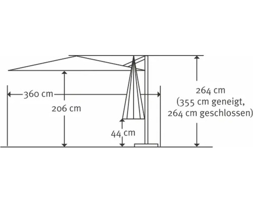 Technische Zeichnung eines Sonnenschirms mit Maßangaben
