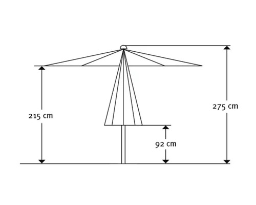Technische Zeichnung eines Sonnenschirms mit den Maßen 275 cm Höhe, 215 cm Schirmhöhe und 92 cm Durchgangshöhe