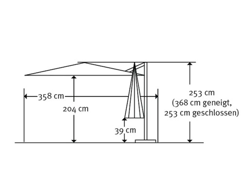 Maße eines Sonnenschirms mit einer Breite von 358 Zentimetern, einer Höhe von 253 Zentimetern und einer Tiefe von 39 Zentimetern