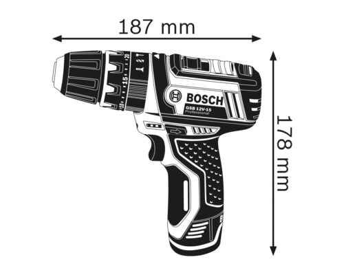 Bosch Akku-Bohrschrauber GSB 12V-15 Professional mit Maßangaben