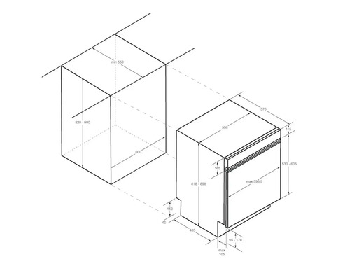 Maßzeichnung eines Geschirrspülers mit Einbaumaßen