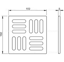 Technische Zeichnung eines quadratischen Ablaufs mit Schlitzen und den Maßen 102 x 102 x 5 mm.