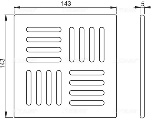 Technische Zeichnung eines quadratischen Ablaufs mit den Maßen 143 mal 143 Millimeter und einer Dicke von 5 Millimeter.