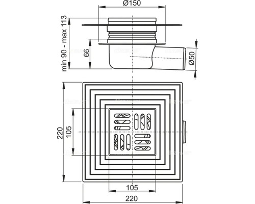 Technische Zeichnung eines Bodenablaufs mit quadratischem Rost und Maßangaben.