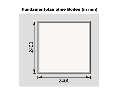 Fundamentplan mit Maßangaben 2400 x 2400 Millimeter ohne Boden