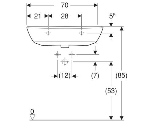Technische Zeichnung eines Waschtischs mit Maßangaben