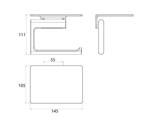 Technische Zeichnung eines Toilettenpapierhalters mit den Maßen 111 mm Höhe, 55 mm Breite, Behälter 105 mm Höhe und 145 mm Breite.