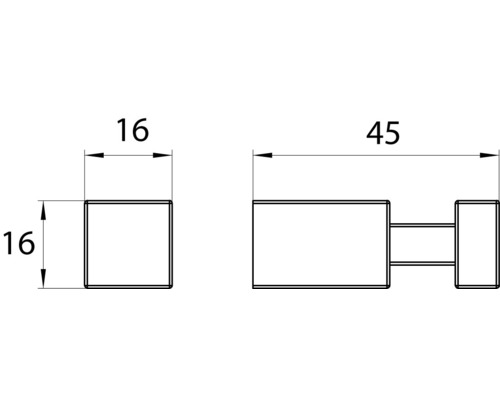 Technische Zeichnung eines Wandhakens mit den Maßen 16 und 45 Millimeter