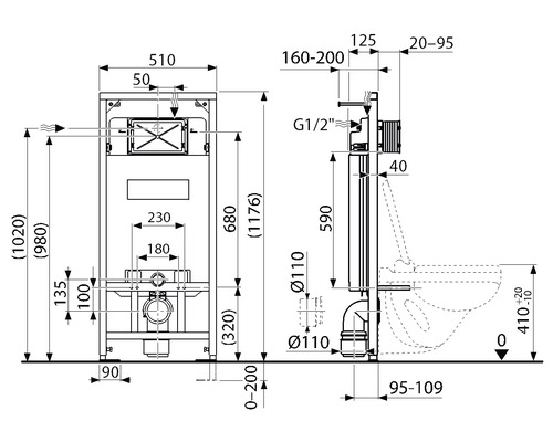 Technische Zeichnung eines Vorwandelements mit Maßangaben