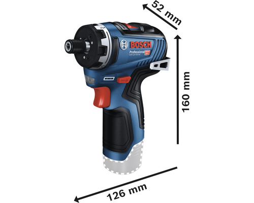 Bosch Akku-Bohrschrauber mit den Maßen 52 mm x 160 mm x 126 mm